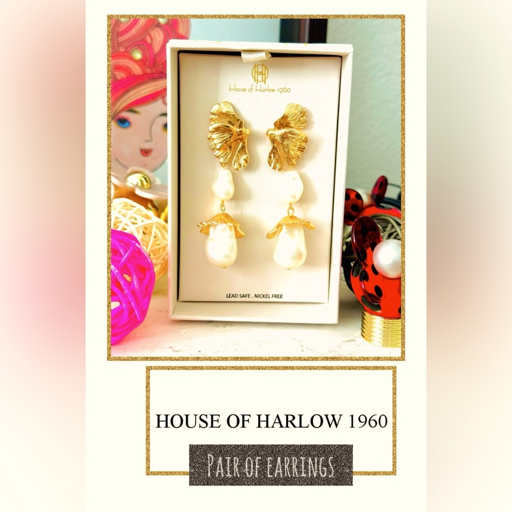 NWT House of Harlow 1960 Gold Leaf and Faux Pearl Dangle Drop Earrings